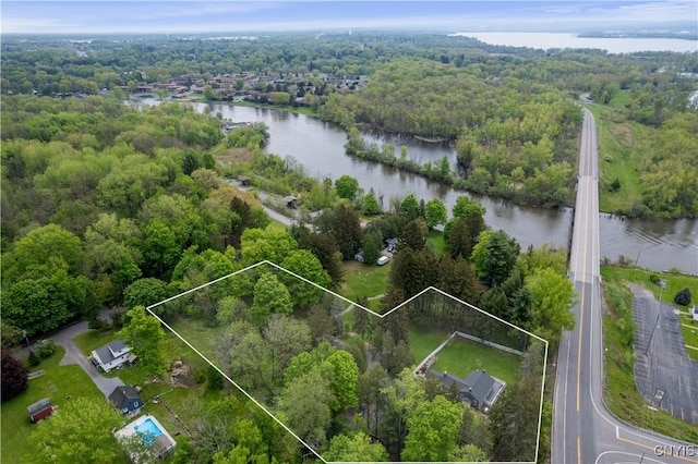 3721 Cold Springs Rd, Lysander, NY 13027 - aerial overview of property's location featuring a nearby body of water, property boundaries highlighted, and a heavily wooded area