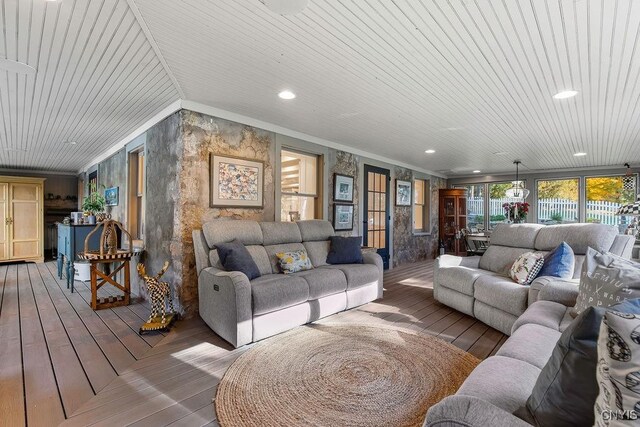 3721 Cold Springs Rd, Lysander, NY 13027 - living area with wood ceiling, hardwood / wood-style floors, and recessed lighting