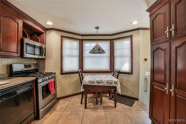 696 Cleveland Dr, Cheektowaga, NY 14225 - kitchen with appliances with stainless steel finishes, baseboards, tasteful backsplash, light tile patterned floors, and crown molding