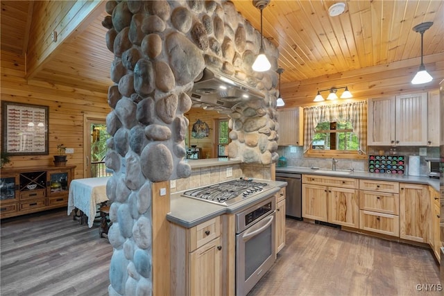 kitchen with appliances with stainless steel finishes, a sink, wood ceiling, wood finished floors, and light brown cabinets