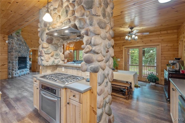 kitchen with stainless steel appliances, wood ceiling, wood finished floors, a stone fireplace, and ceiling fan