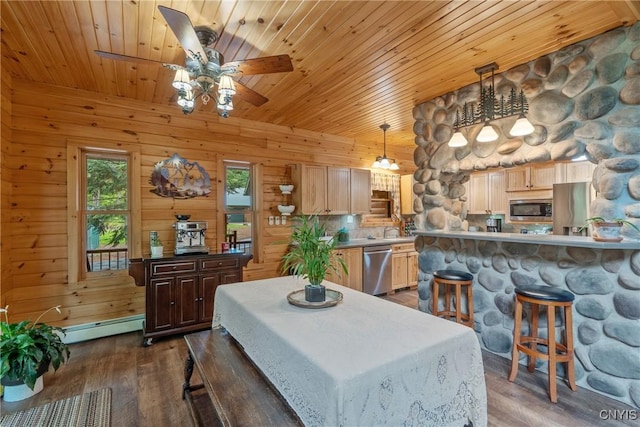 dining room with wood ceiling, ceiling fan, dark wood finished floors, a baseboard radiator, and wooden walls