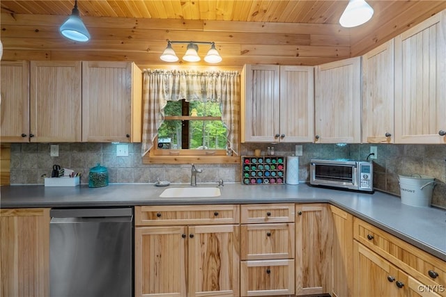 kitchen with dishwasher, a sink, light brown cabinets, tasteful backsplash, and wooden ceiling