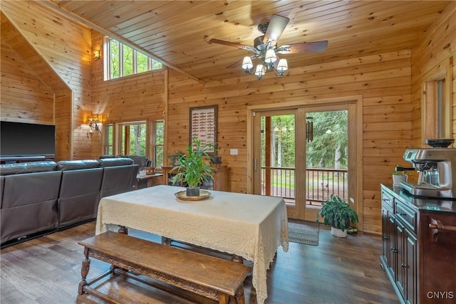 dining room featuring healthy amount of natural light, wooden walls, dark wood-style flooring, ceiling fan, and wood ceiling