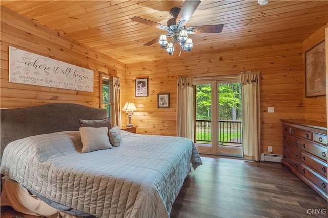 bedroom featuring a baseboard heating unit, access to exterior, wood walls, wood finished floors, and wood ceiling