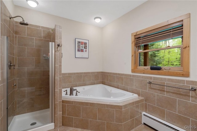 bathroom with baseboard heating, a stall shower, and a garden tub