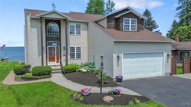 7179 Lakeshore Rd, Cicero, NY 13039 - traditional home with asphalt driveway, an attached garage, a shingled roof, and a front yard