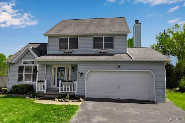 524 Pletcher Rd, Lewiston, NY 14092 - traditional-style house featuring covered porch, a chimney, a front yard, driveway, and roof with shingles
