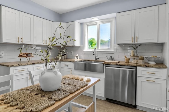524 Pletcher Rd, Lewiston, NY 14092 - kitchen with stainless steel dishwasher, a sink, stone counters, and white cabinets