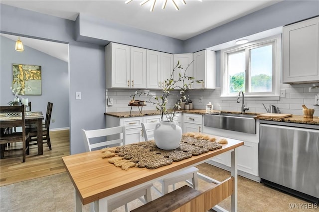524 Pletcher Rd, Lewiston, NY 14092 - kitchen with dishwasher, a sink, tasteful backsplash, and white cabinets