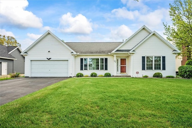 ranch-style home featuring asphalt driveway, an attached garage, a front yard, and a shingled roof