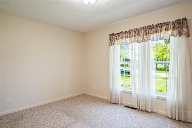 carpeted empty room with healthy amount of natural light, baseboards, and a textured ceiling
