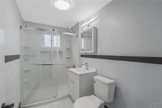 944 Bellevue Ave, Syracuse, NY 13204 - full bathroom featuring toilet, a shower stall, marble look tiles, and vanity