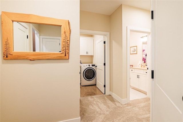 225 Cos Grande, Brighton, NY 14618 - laundry area with washer / clothes dryer, carpet flooring, cabinet space, and baseboards