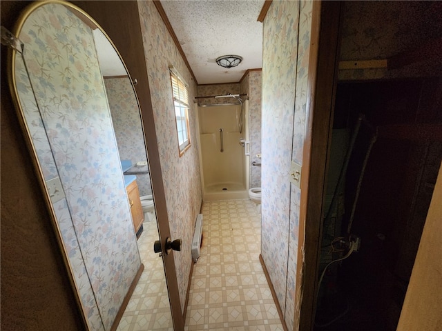 178 Dunshee Rd, Sidney, NY 13849 - corridor with wallpapered walls, light floors, a textured ceiling, and ornamental molding