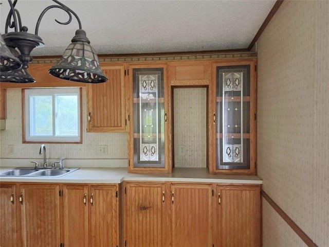 178 Dunshee Rd, Sidney, NY 13849 - kitchen with wallpapered walls, glass insert cabinets, light countertops, and a textured ceiling