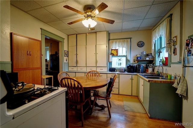 72 W 5th St, Dunkirk-City, NY 14048 - kitchen featuring a sink, a drop ceiling, light wood-style floors, a ceiling fan, and white range with gas stovetop