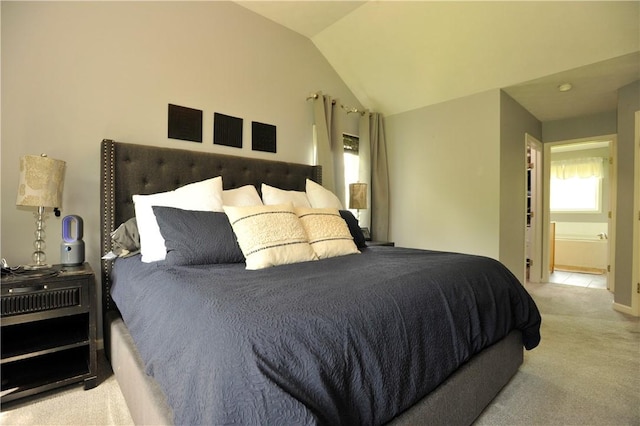 90 Davenport Rd, Big Flats, NY 14814 - bedroom featuring carpet, vaulted ceiling, connected bathroom, and baseboards