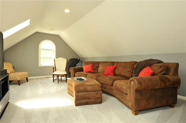 90 Davenport Rd, Big Flats, NY 14814 - living room featuring light colored carpet, vaulted ceiling, baseboards, and a skylight