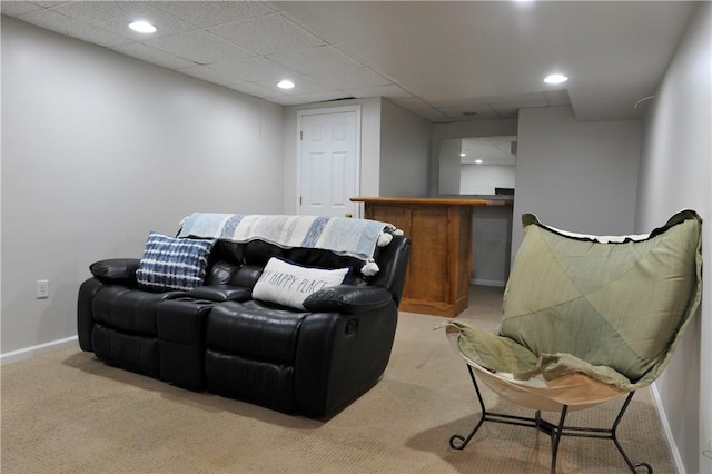 90 Davenport Rd, Big Flats, NY 14814 - living area with light colored carpet, a bar, baseboards, recessed lighting, and a paneled ceiling