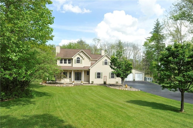 90 Davenport Rd, Big Flats, NY 14814 - view of front facade with an outbuilding, a porch, a chimney, a detached garage, and a front yard