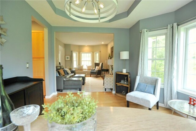 90 Davenport Rd, Big Flats, NY 14814 - living area featuring light wood-type flooring, a chandelier, baseboards, and a raised ceiling