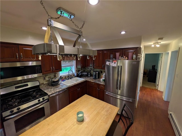 1405 W Main St, Smethport-Borough, PA 16749 - kitchen with stainless steel appliances, a sink, a baseboard radiator, dark wood-style floors, and recessed lighting