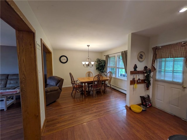 1405 W Main St, Smethport-Borough, PA 16749 - dining area featuring wood finished floors, a baseboard heating unit, a chandelier, and baseboards