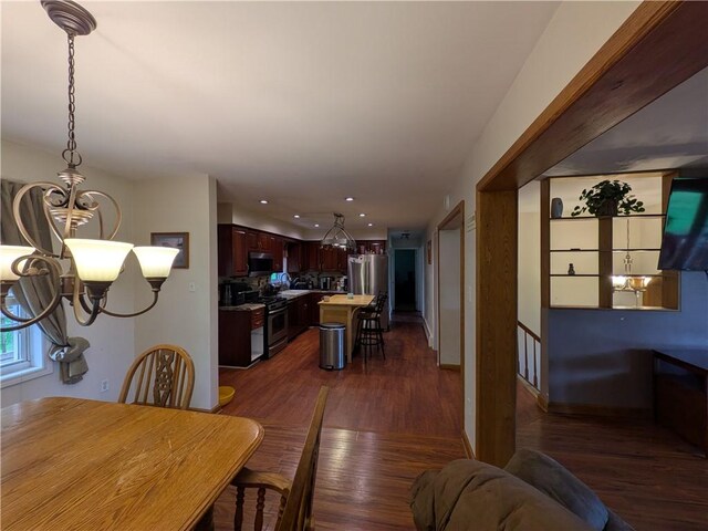 1405 W Main St, Smethport-Borough, PA 16749 - dining area with a chandelier, dark wood-style floors, recessed lighting, baseboards, and stairway