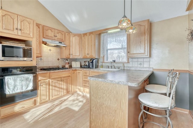 4231 Cauwels Rd, Arcadia, NY 14505 - kitchen with stainless steel appliances, light brown cabinets, under cabinet range hood, a sink, and lofted ceiling