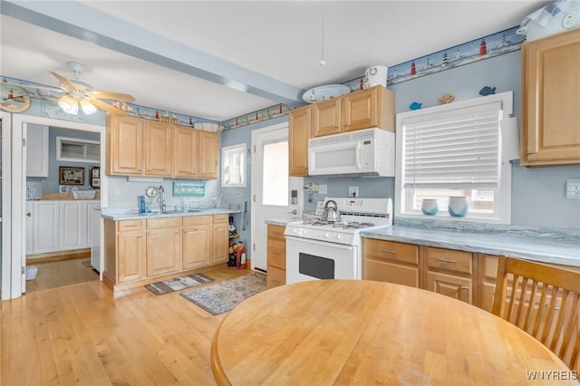 328 Lakeview Blvd, Machias, NY 14042 - kitchen with white appliances, light brown cabinetry, light countertops, and light wood-type flooring