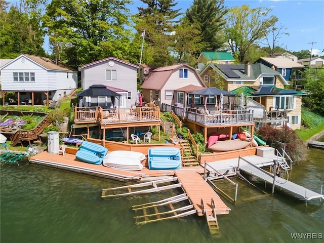 328 Lakeview Blvd, Machias, NY 14042 - dock with a gazebo, boat lift, a residential view, a deck with water view, and stairway