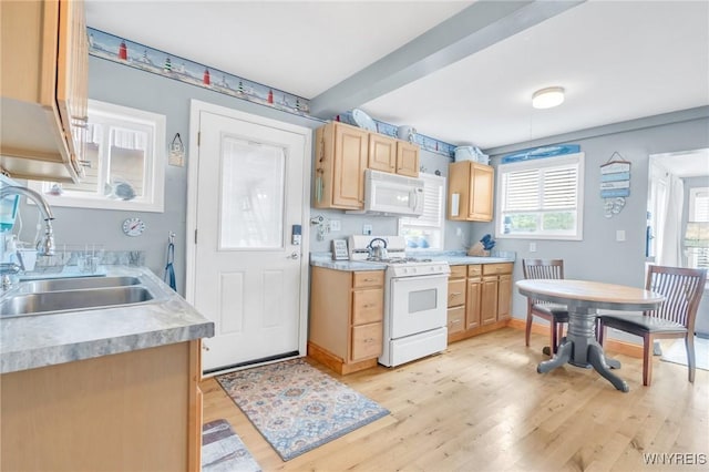 328 Lakeview Blvd, Machias, NY 14042 - kitchen featuring white appliances, a sink, light brown cabinetry, light wood finished floors, and light countertops