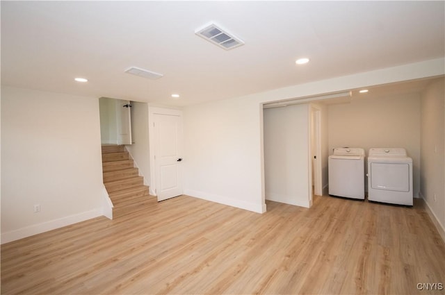 5646 Vistula, Cicero, NY 13029 - finished basement with washer and dryer, baseboards, light wood-style flooring, recessed lighting, and stairs