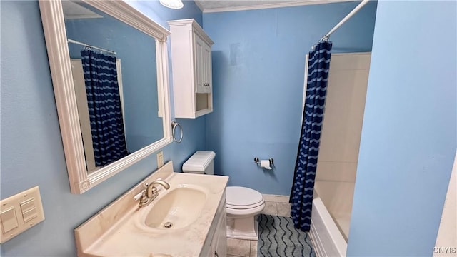full bathroom featuring toilet, a shower with curtain, and vanity