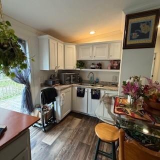 3384 Huggins Rd, Tyrone, NY 14815 - kitchen featuring a sink, dark wood-style floors, open shelves, plenty of natural light, and recessed lighting