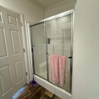 3384 Huggins Rd, Tyrone, NY 14815 - bathroom with wood finished floors and a shower stall