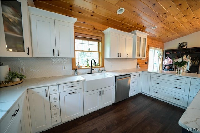 161 Mcclure Rd, Salisbury, NY 13470 - kitchen featuring dishwasher, a sink, dark wood finished floors, healthy amount of natural light, and wooden ceiling