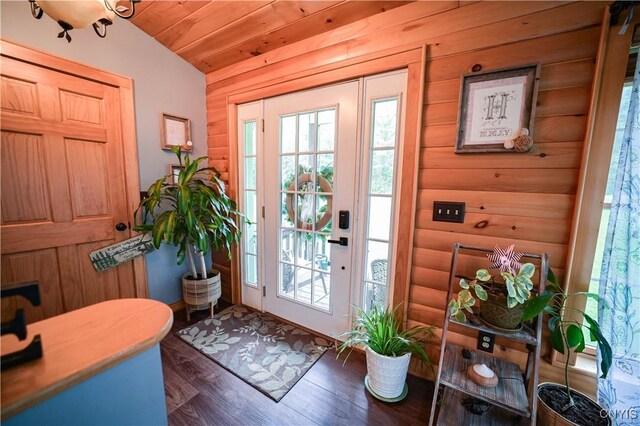 161 Mcclure Rd, Salisbury, NY 13470 - doorway to outside with lofted ceiling, wooden ceiling, healthy amount of natural light, and wood finished floors