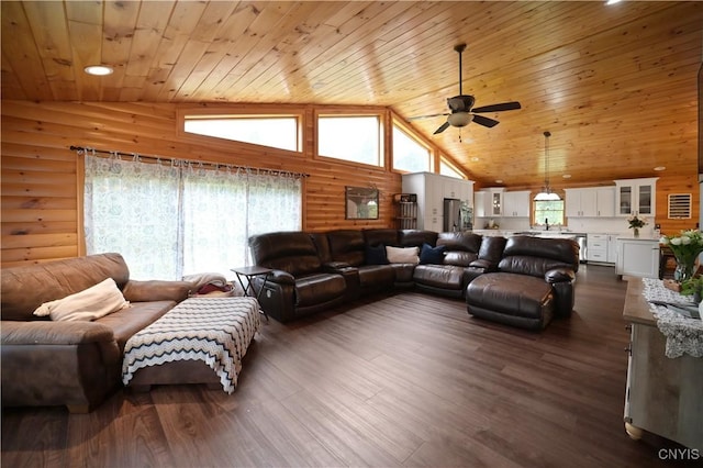161 Mcclure Rd, Salisbury, NY 13470 - living room featuring wooden ceiling, a ceiling fan, dark wood finished floors, and high vaulted ceiling