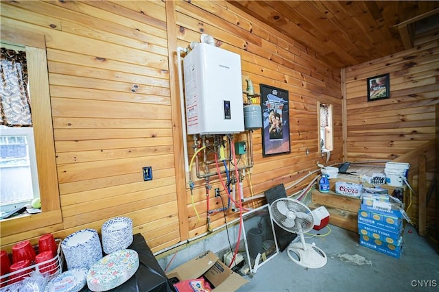 161 Mcclure Rd, Salisbury, NY 13470 - interior space featuring tankless water heater, wood walls, and wood ceiling