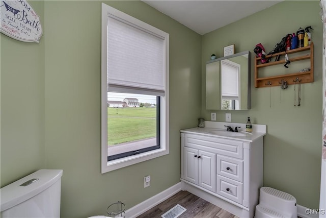 17695 County Route 59, Brownville, NY 13634 - bathroom featuring toilet, wood finished floors, vanity, and baseboards