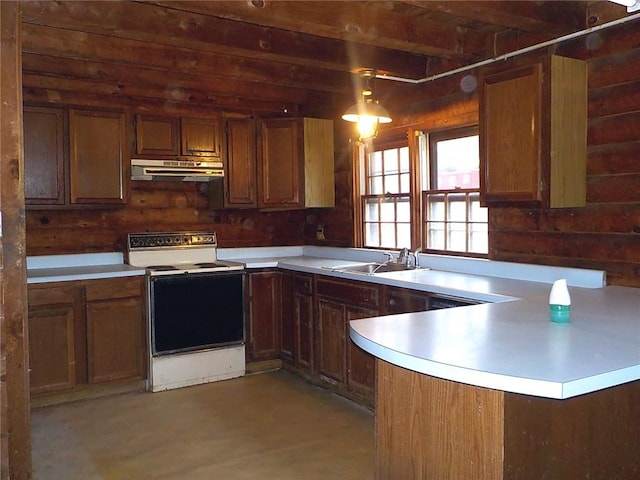 6900 White Rd, Conesus, NY 14435 - kitchen with electric range, under cabinet range hood, a sink, and light countertops