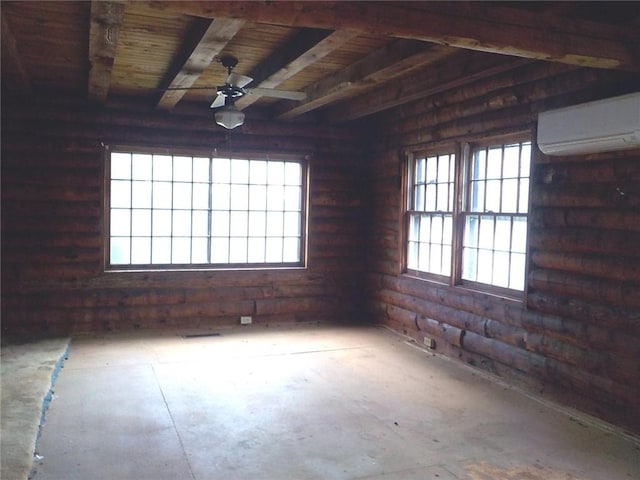 6900 White Rd, Conesus, NY 14435 - empty room with a wall unit AC, log walls, ceiling fan, wooden ceiling, and beamed ceiling