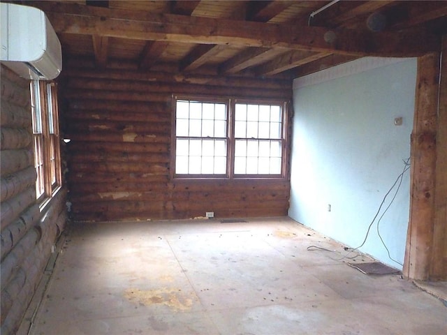 6900 White Rd, Conesus, NY 14435 - unfurnished room with a wall unit AC, rustic walls, beamed ceiling, and wooden ceiling