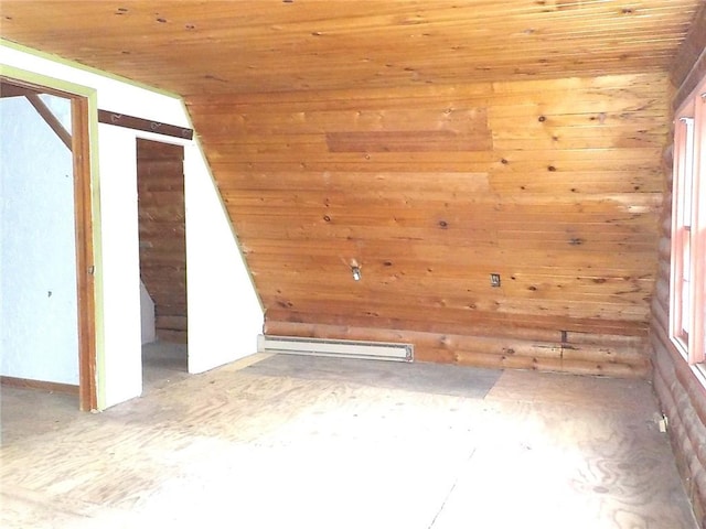 6900 White Rd, Conesus, NY 14435 - additional living space featuring wooden ceiling, wood walls, baseboard heating, and lofted ceiling