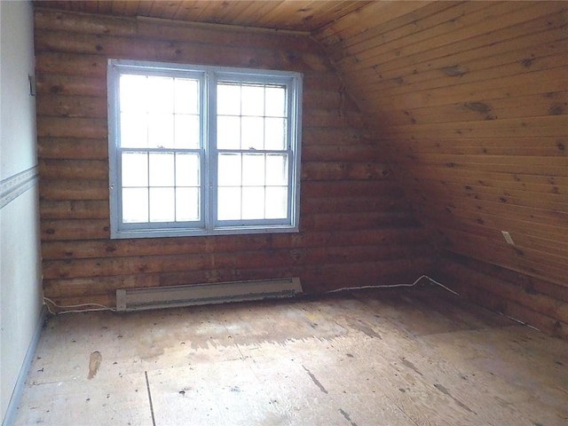 6900 White Rd, Conesus, NY 14435 - bonus room featuring log walls, a baseboard heating unit, wood ceiling, and lofted ceiling