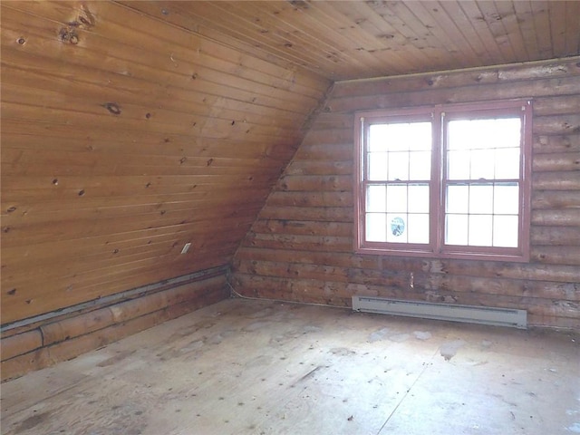 6900 White Rd, Conesus, NY 14435 - additional living space with a baseboard heating unit, rustic walls, wood ceiling, and vaulted ceiling