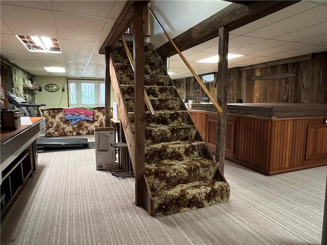 8584 Vieley Rd, Campbell, NY 14821 - below grade area with light carpet, a paneled ceiling, wooden walls, and stairway
