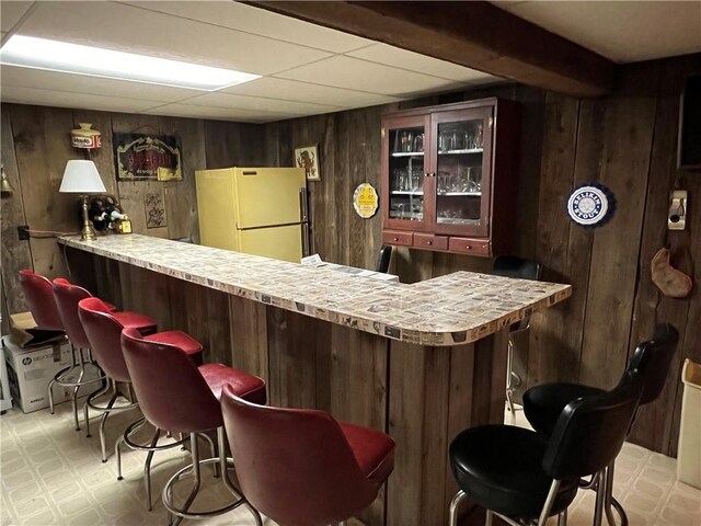 8584 Vieley Rd, Campbell, NY 14821 - indoor dry bar with freestanding refrigerator, wood walls, light flooring, and a drop ceiling